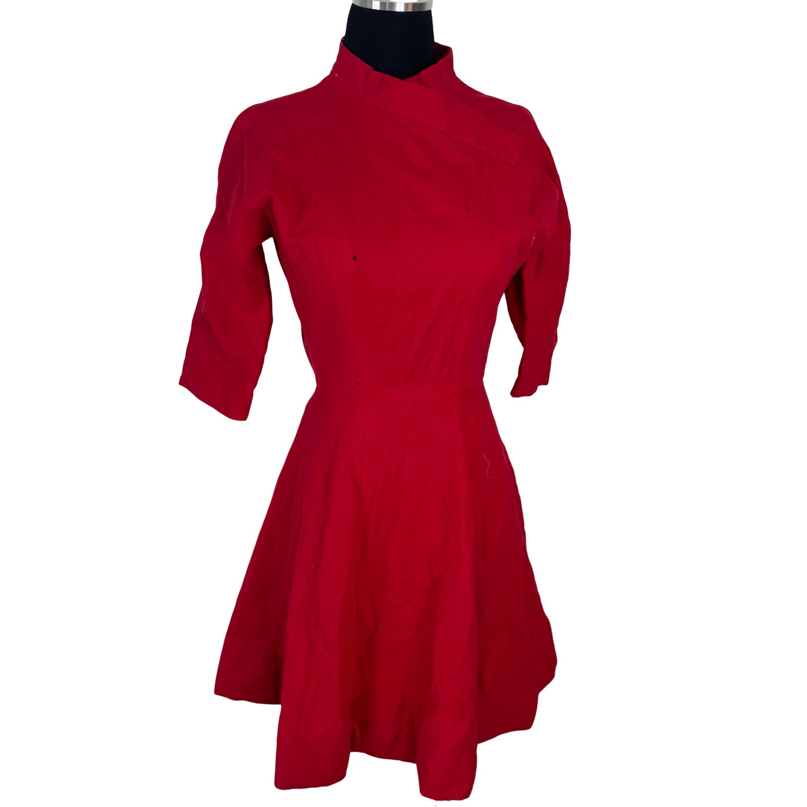 Vintage 50s Red Wool Fit & Flare Dress High Neck Metal Zipper As Is Costume Xxs